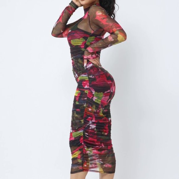 Mock neck print Midi dress w/ruched mesh details - Picture 8 of 8
